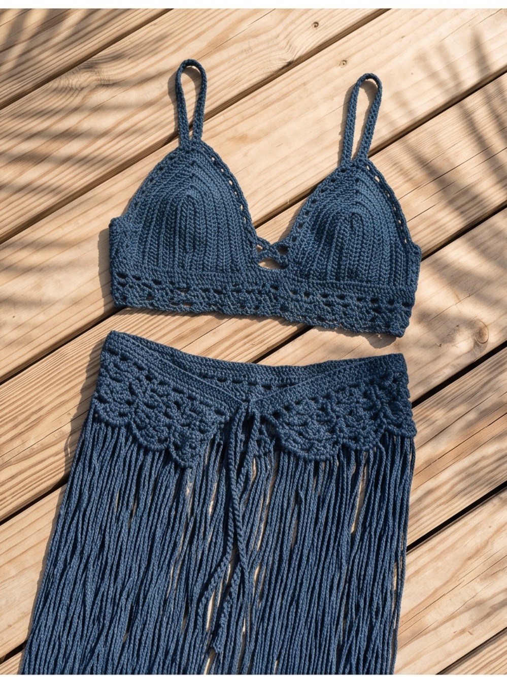 Boho Navy macramé Halter Bikini Top and Fringe swimsuit cover-up Skirt Set LARGE - Picture 10 of 13